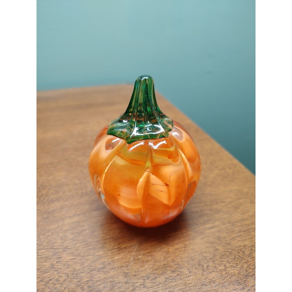 Joe Rice Art Glass Pumpkin Paperweight Stamped Joe Rice 3-3/4"